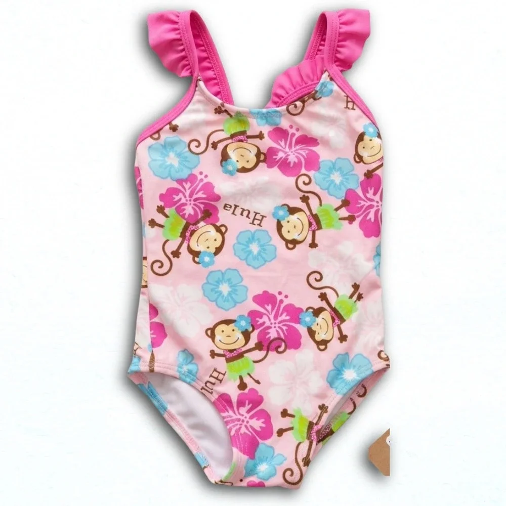 Jumping Beans Toddler Girls Pink Hula Monkey Hibiscus One Piece Swimsuit 3T